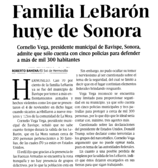 Alcalde reconoce tener 5 policías para cuidar zona de la familia LeBarón