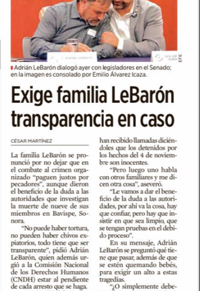 EXCELSIOR Exige LeBarón transparencia en el caso