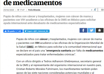 Piden a la OMS declarar emergencia sanitaria por falta de medicamentos