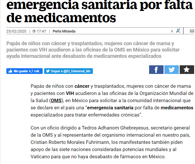 Piden a la OMS declarar emergencia sanitaria por falta de medicamentos