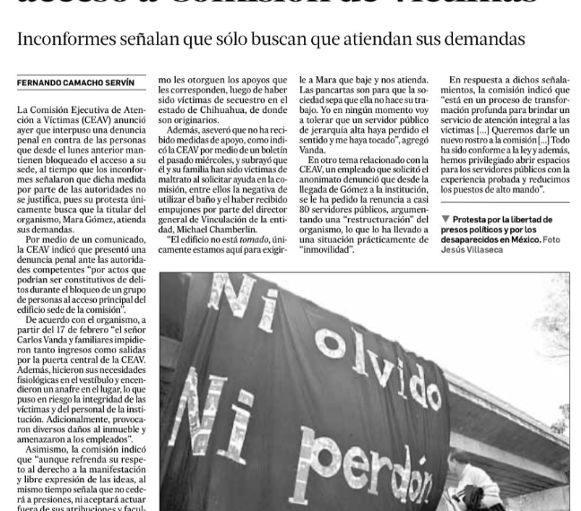 Denuncia penal por bloquear acceso a Comisión de Víctimas