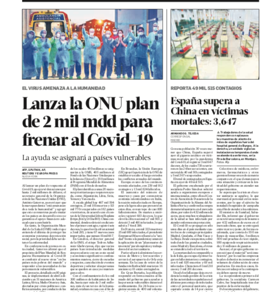 Lanza la ONU plan de 2 mil mdd para frenar Covid-19