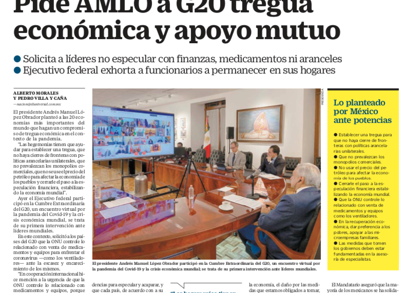 Pide AMLO a G20 tregua económica y apoyo mutuo