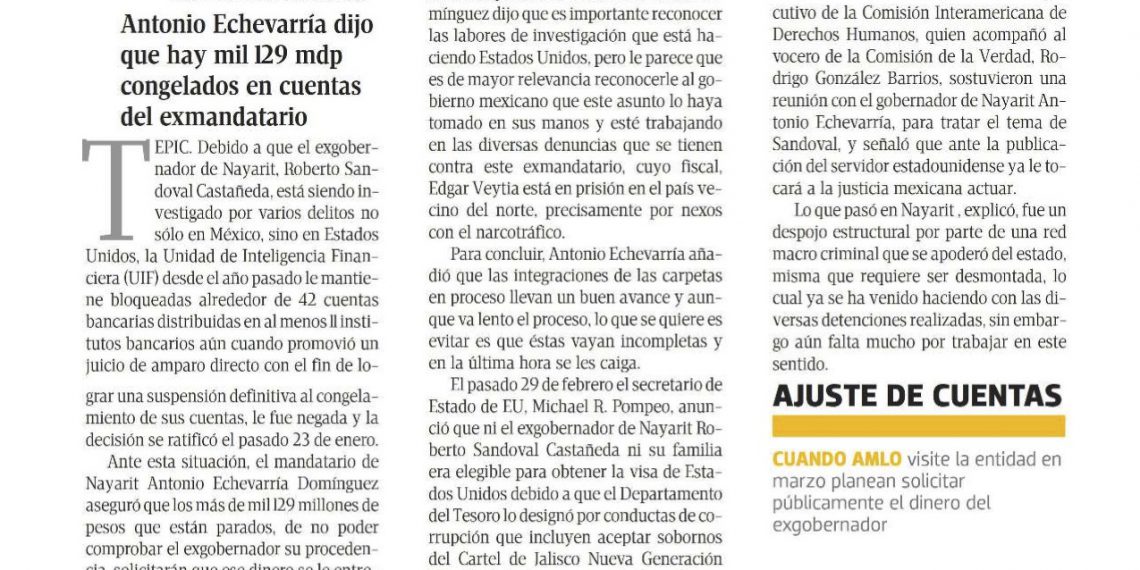 Nayarit pone el ojo al dinero de Sandoval
