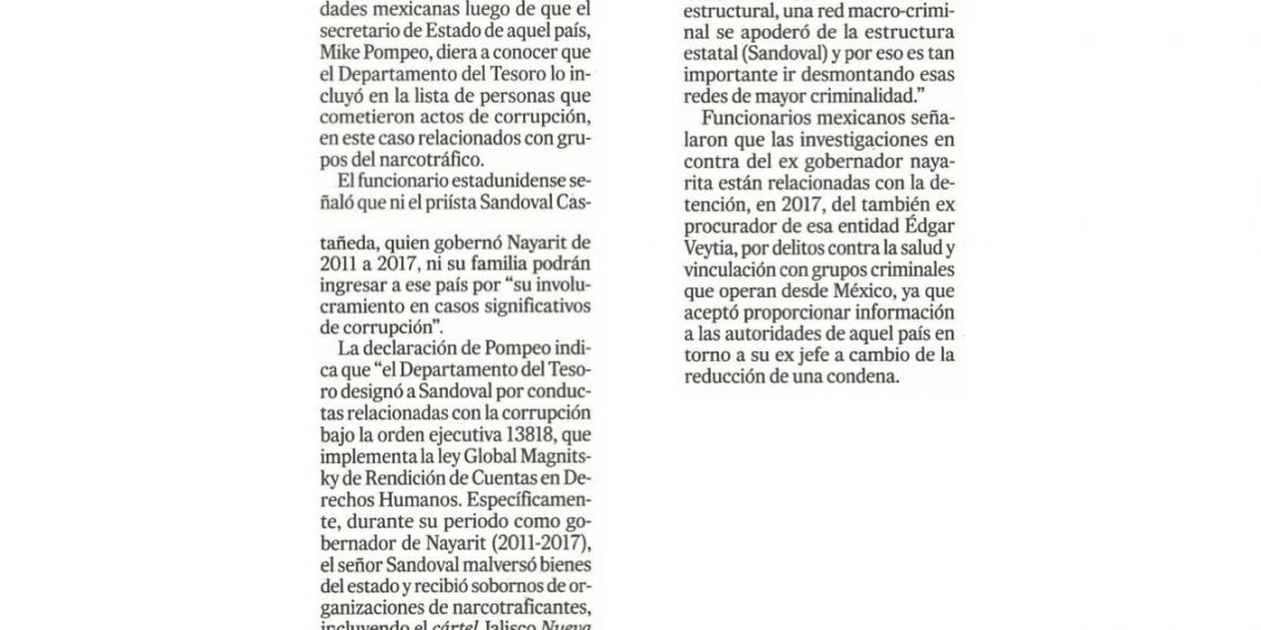 Incluye Washington a Roberto Sandoval en lista de políticos ligados a corrupción