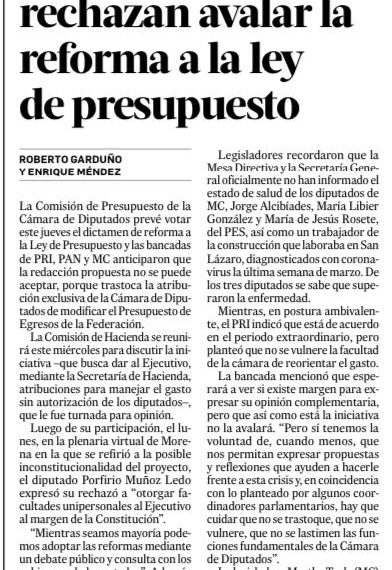 Rechazan avalar la reforma a la ley del presupuesto