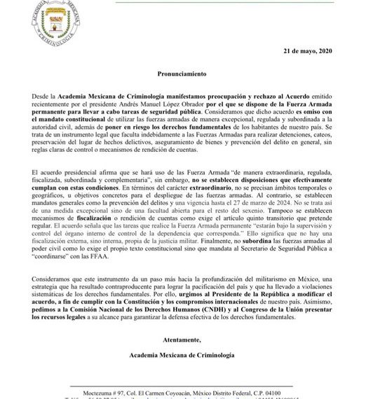 La Academia Mexicana de Criminología en contra de la participación desregulada de militares