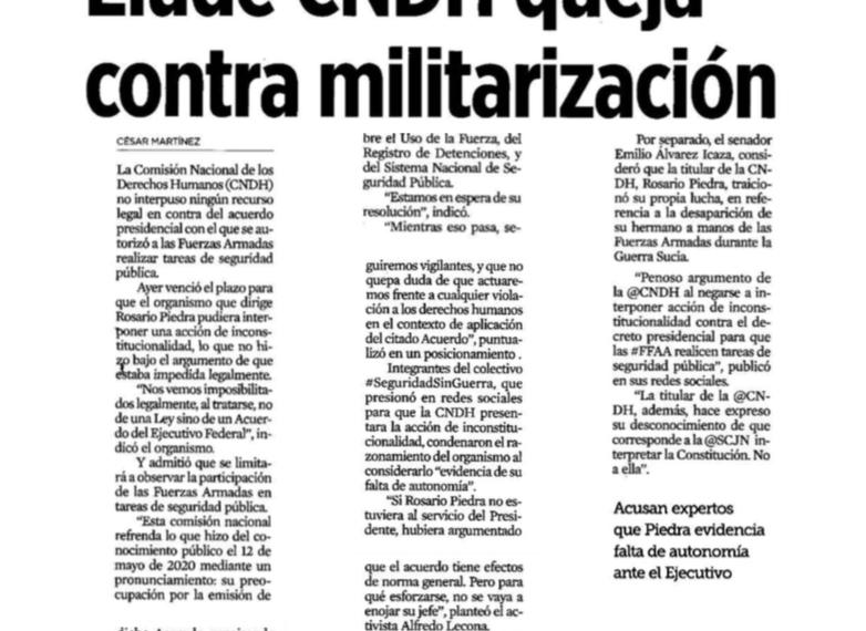 Elude CNDH queja contra militarización