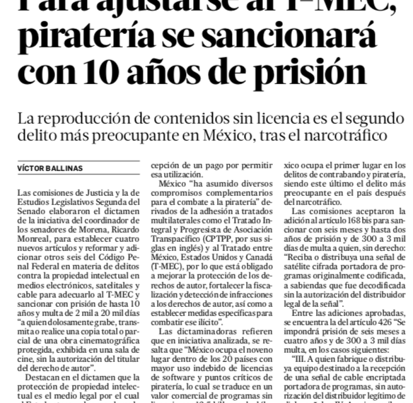 Para ajustarse al T-Mec, piratería se sancionará con 10 años de prisión