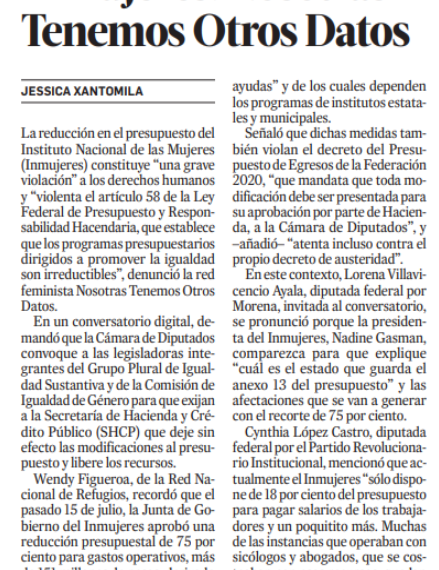 Es ilegal el recorte a INMUJERES: Nosotras tenemos otros datos