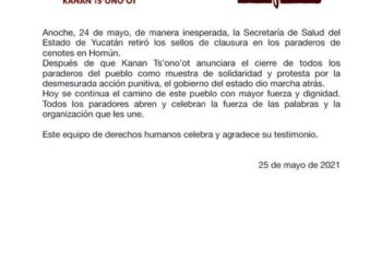 La Secretaría de Salud de Yucatán retiró los sellos de clausura en los paraderos de cenotes en Homún