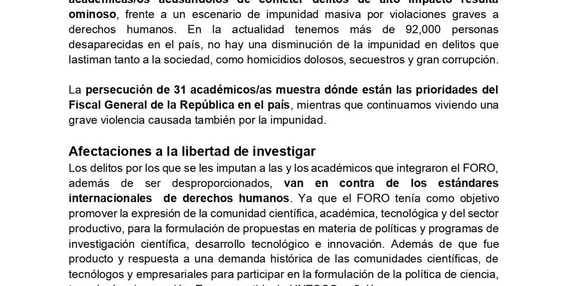 Condenamos la persecución política, emprendida por FGR contra 31 científicos/as