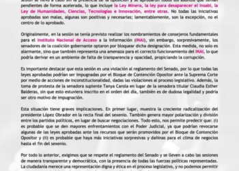 Expresamos nuestra indignación ante la sesión irregular de Senadores de Morena y aliados