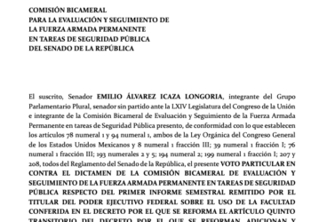 Voto en contra del dictamen de la Comisión Bicameral para la evaluación y seguimiento de la fuerza armada permanente en tareas de Seguridad Pública