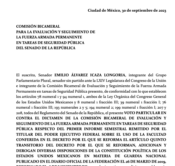 Voto en contra del dictamen de la Comisión Bicameral para la evaluación y seguimiento de la fuerza armada permanente en tareas de Seguridad Pública